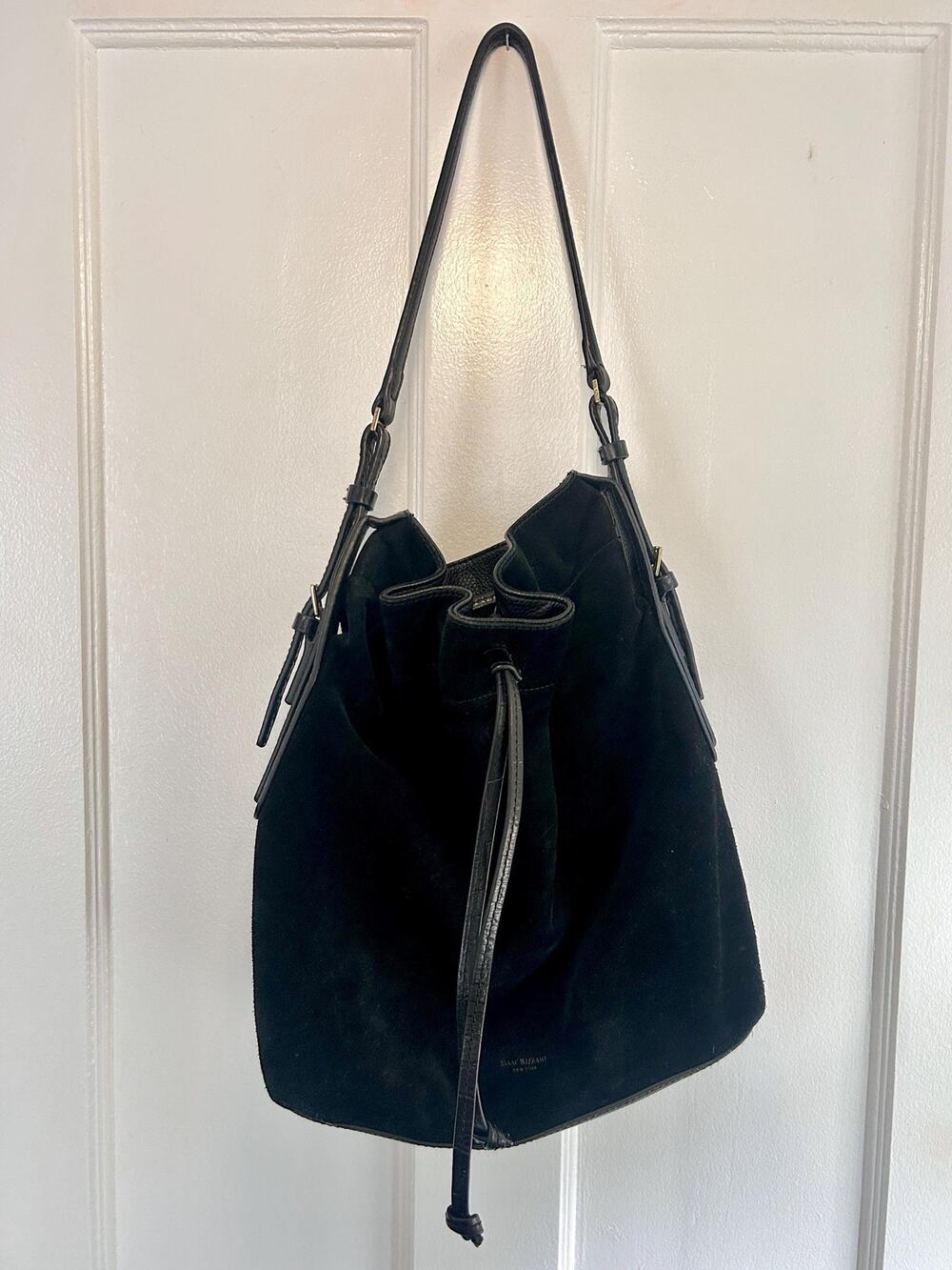 Y2K Designer Black Suede Bucket Bag | Leather Shoulder Bag | Isaac Mizrahi Purse